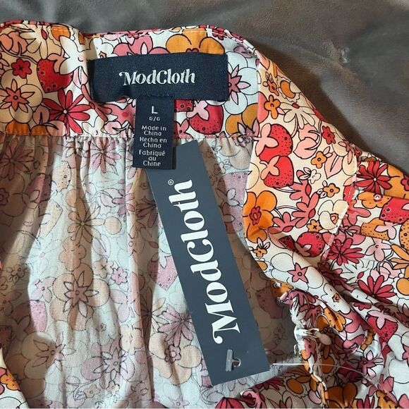 Modcloth Dolls On Parade Tiered Skirt Casusl Cotton Aline Mini Pink Orange L NWT - Picture 11 of 11